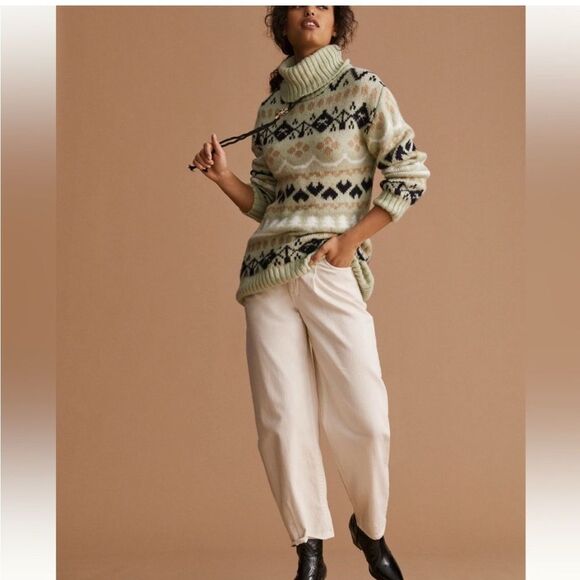 Anthropologie Fair Isle Mint Green Turtleneck Nordic Pattern Tunic Sweater - Picture 3 of 11